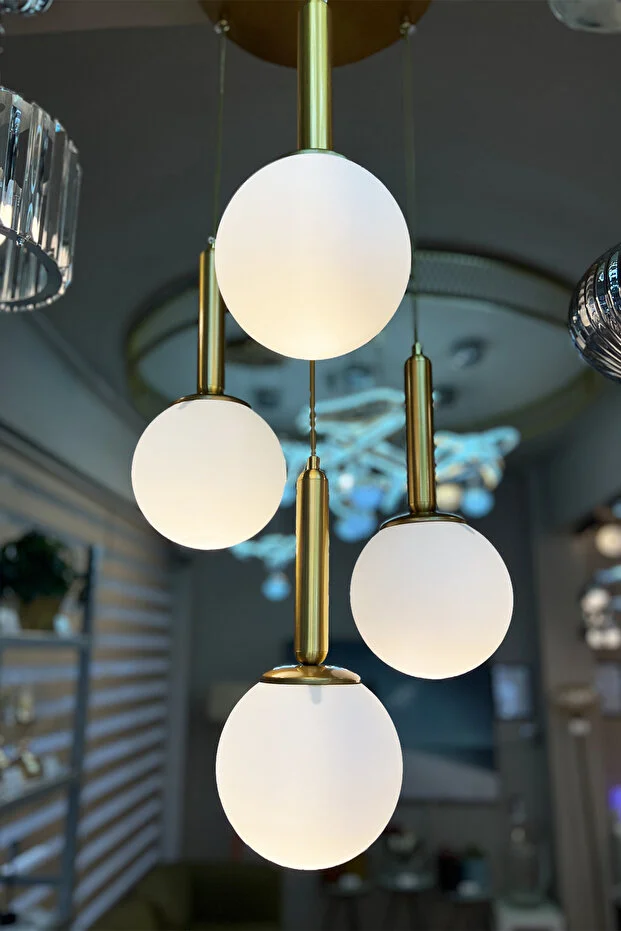 LuxeGlobe 4’lü Avize – Camlı & Gold